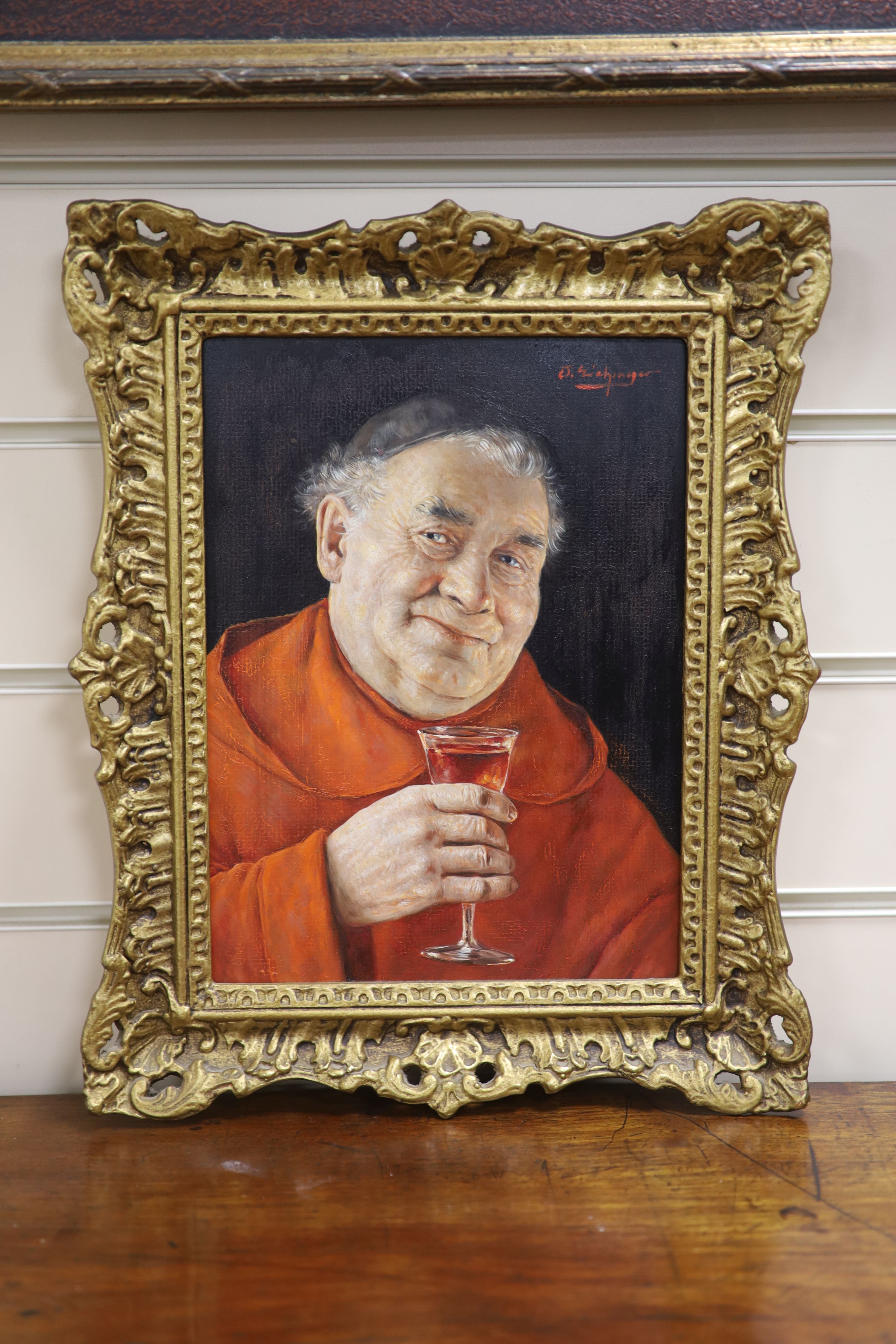Otto Eichinger (Austrian, 1922-2004), oil on board, Monk with glass of wine, signed, 26 x 19cm